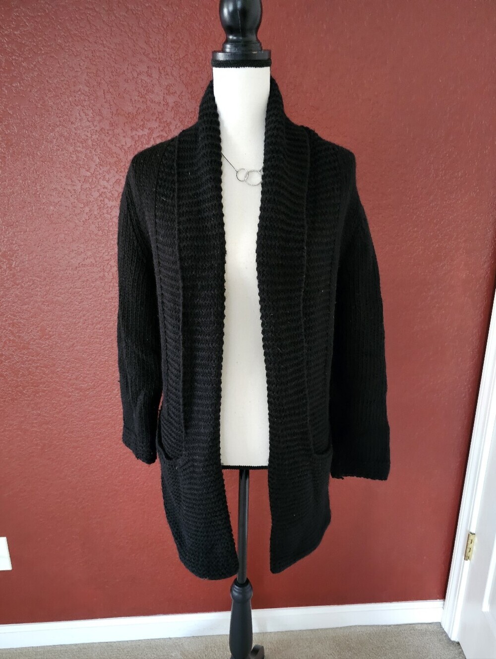Open-Front Black Pocket Cardigan Sweater - Picture 2 of 8